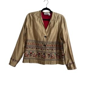 Chicos Design Silk Tan Embriodered Blazer Size 2 Large